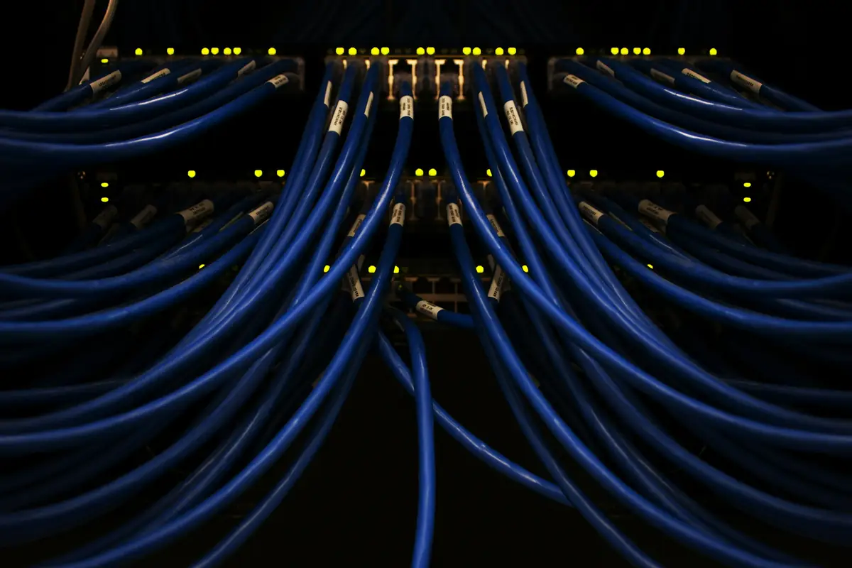 Blue network cables connected to network equipment, with green status lights